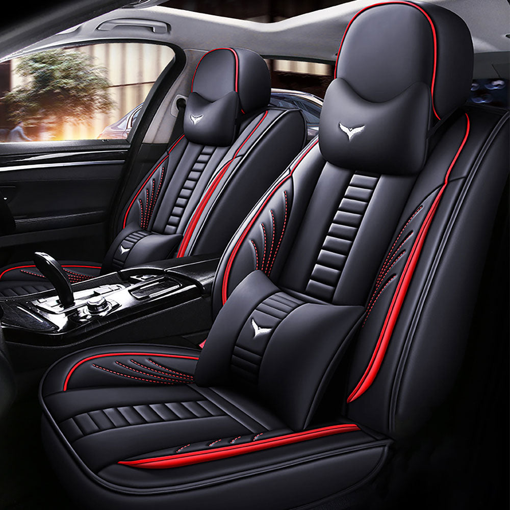 Full Coverage Black Leather Car Seat Cover Mechanical Luxury Style, Automotive Vehicle Cushion Universal Fit