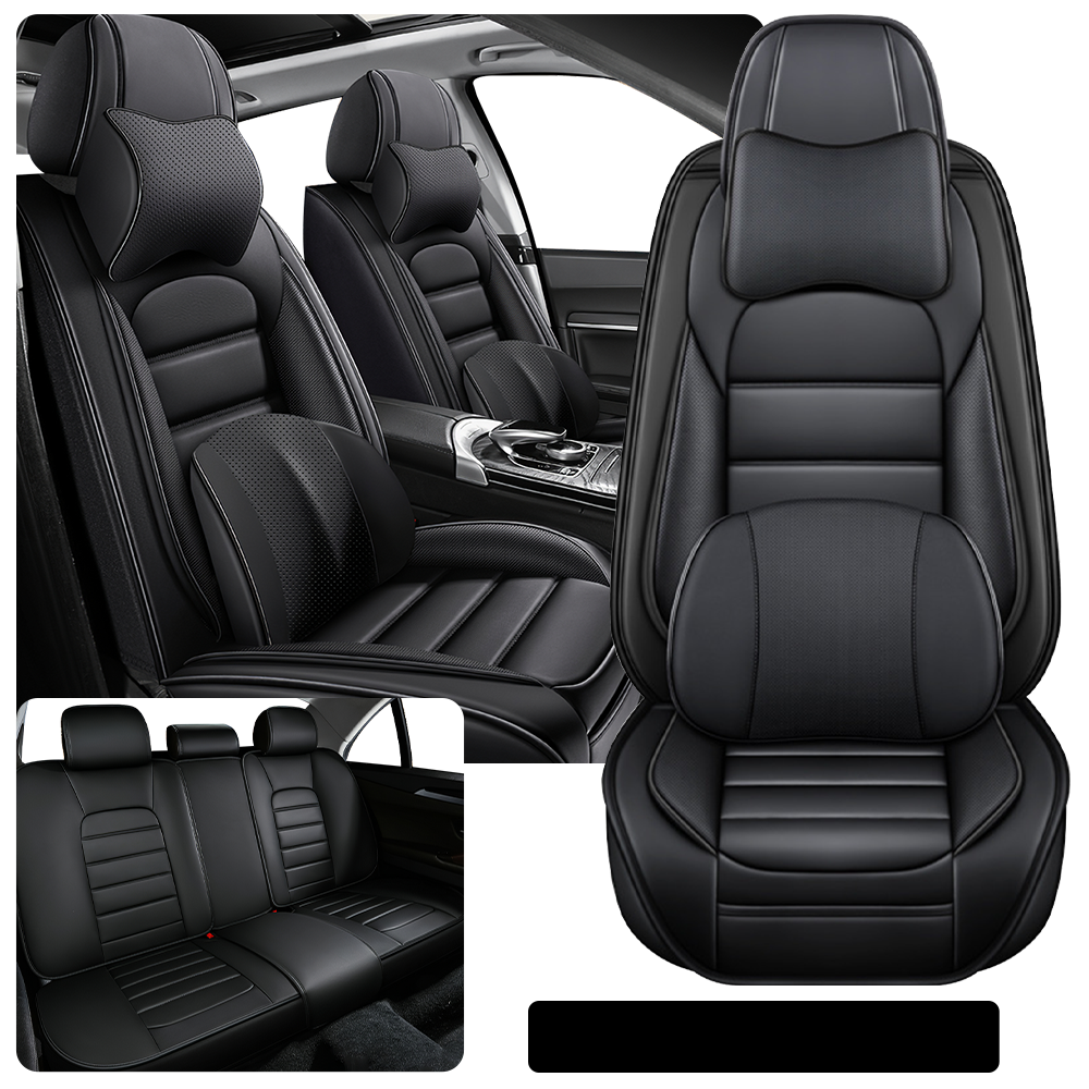 Full Coverage Black Leather Car Seat Cover Classical Luxury Style, Automotive Vehicle Cushion Universal Fit